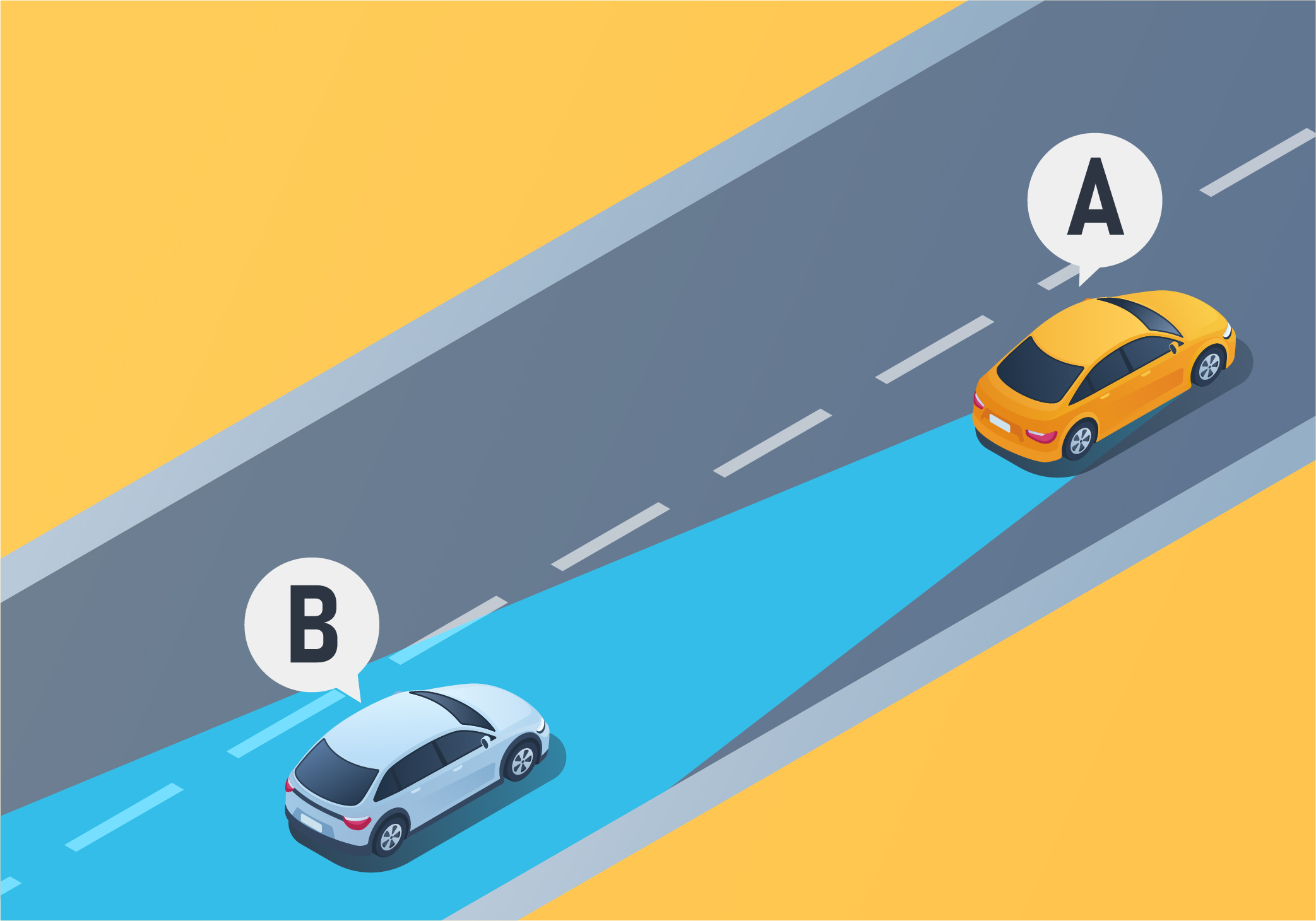 Highways and Freeways - Through which rearview mirror can the driver of vehicle A see vehicle B approaching from behind?