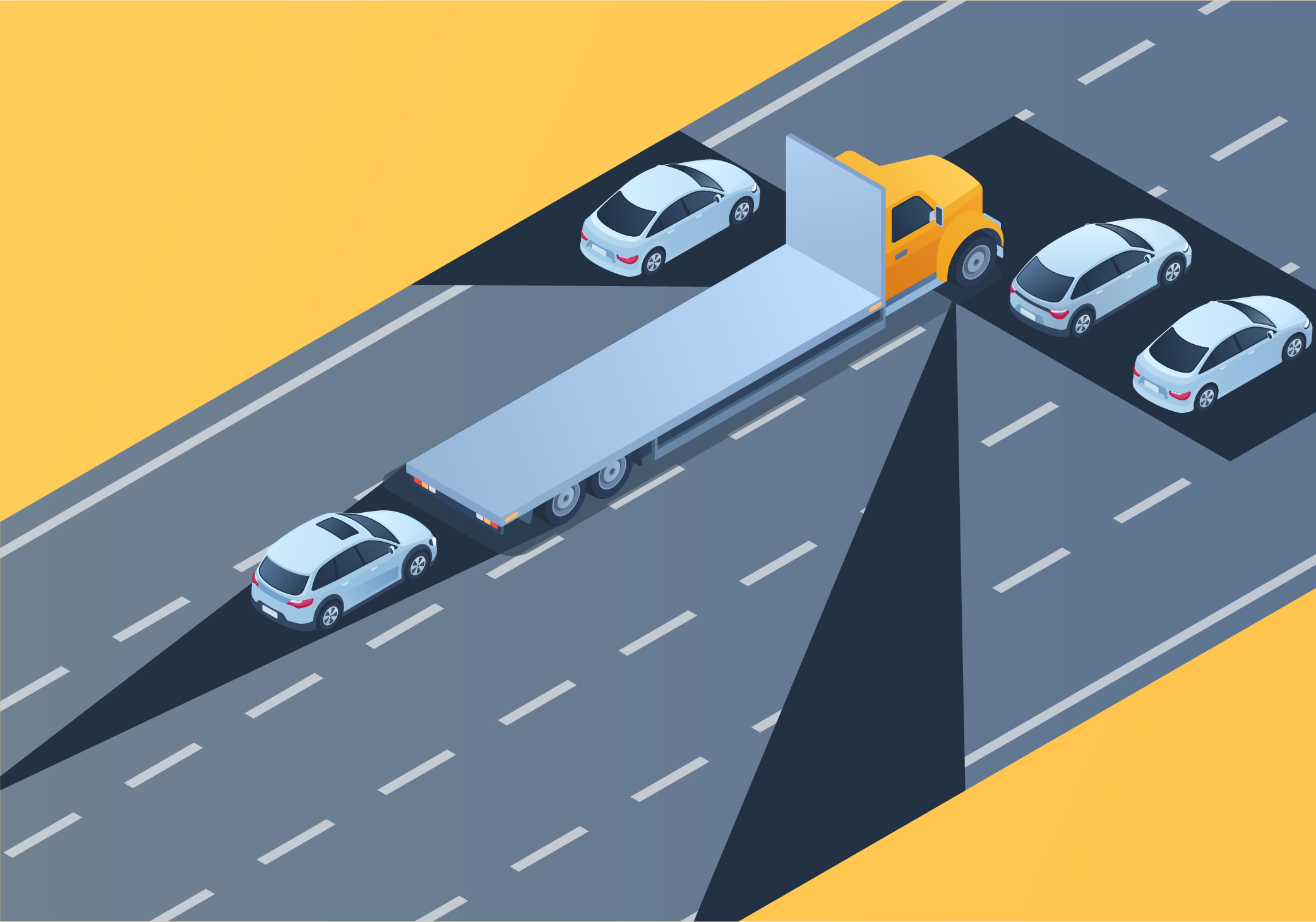 Sharing the road - When compared to regular vehicles, the blind spots of large commercial vehicles are: