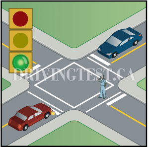 Test 6 - If you are at a red light and a pedestrian is still crossing when the light turns green, who has the right-of-way?