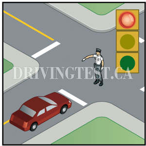 Test 6 - If you are at a red light but a police officer is telling you to drive through, what should you do?