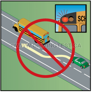 Driving Test Canada - Car Test 3 - Under what circumstances can you pass a stopped school bus with their red flashing lights on?